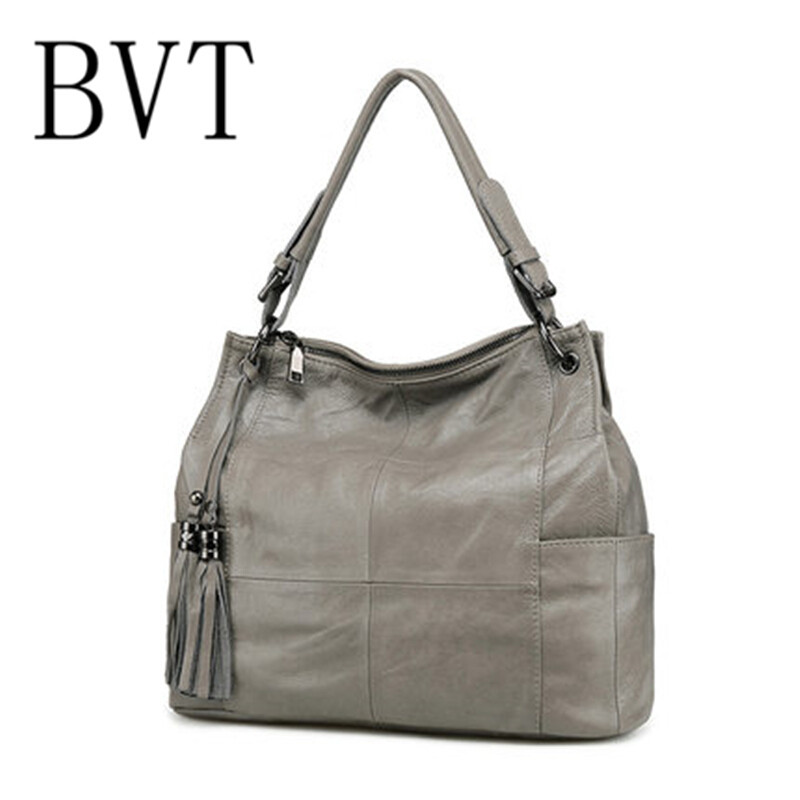 BVT女包真皮大包包简约流苏装饰手提单肩包职业OL方形休闲女包凯莉包 灰色