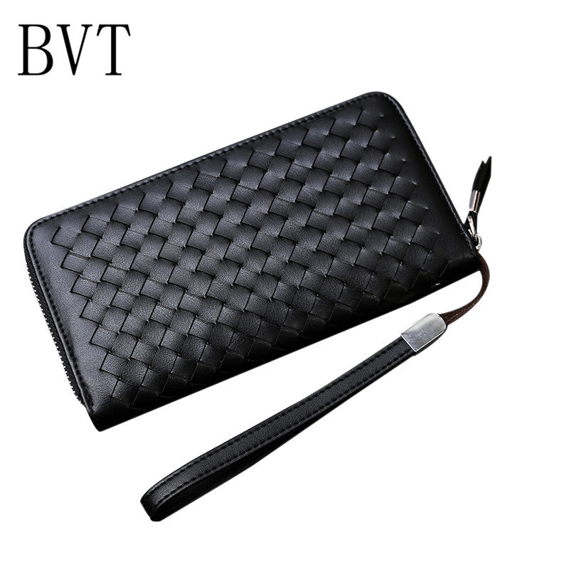 BVT牛皮手工编织钱包男士长款拉链钱夹真皮手挽包商务休闲手拿包 棕色