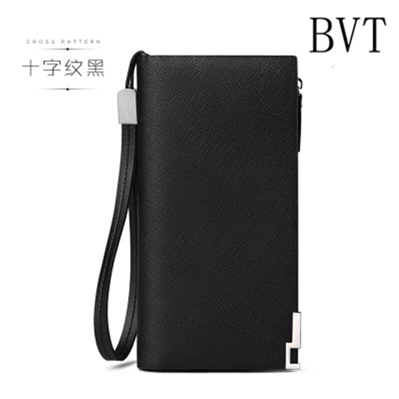 BVT男士真皮手拿包牛皮长款拉链钱包多功能商务手机包男款手挽包_0 十字纹黑手腕款