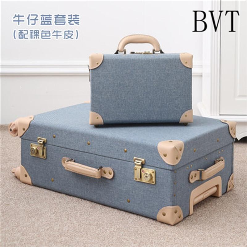 BVT复古文艺拉杆箱密码箱20寸登机箱复古海关女森女系24寸牛皮行李箱静音轮26寸旅行箱_9 24寸 牛仔蓝套装