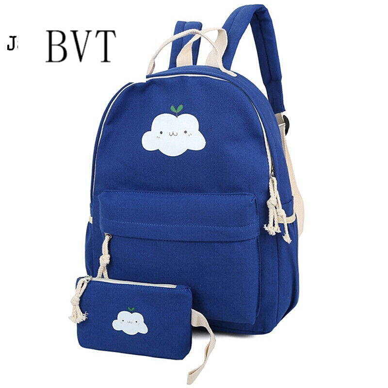BVT日韩学院风小学生书包女韩版双肩包潮流旅行两件套帆布背包女 深蓝色