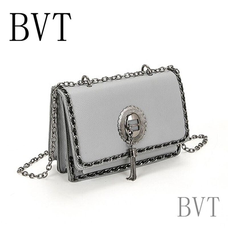 BVT小香风女包欧美时尚流苏小方包链条单肩斜挎包手提小包包潮 灰色