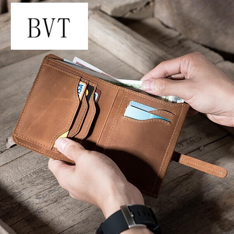 BVT复古疯马皮男士女士短款钱包软皮夹森系文艺小清新手工做旧潮_2 棕黄色