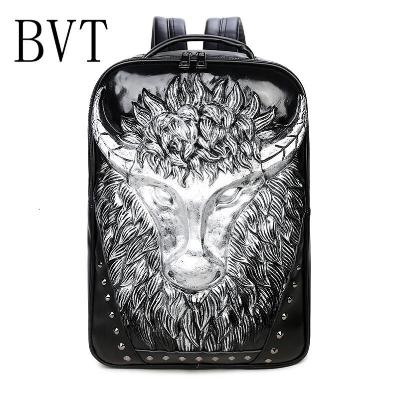 BVT新款男士双肩包大背包女创意时尚学生书包潮流个性铆钉公牛头_8 银色