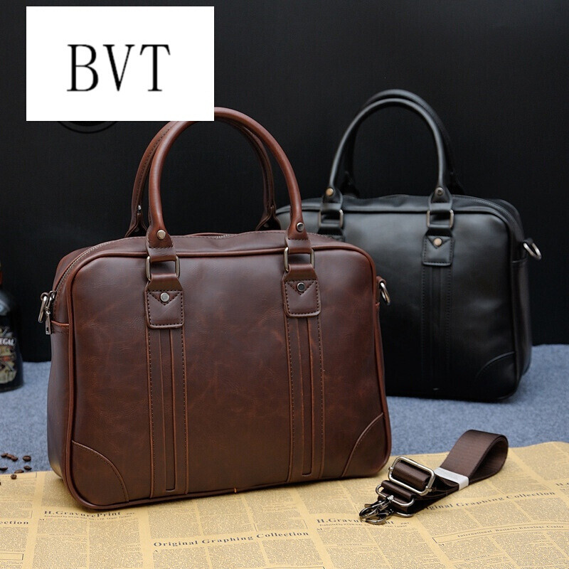 BVT疯马皮男士手提包商务斜挎包单肩电脑公文包潮流韩版男包 咖色