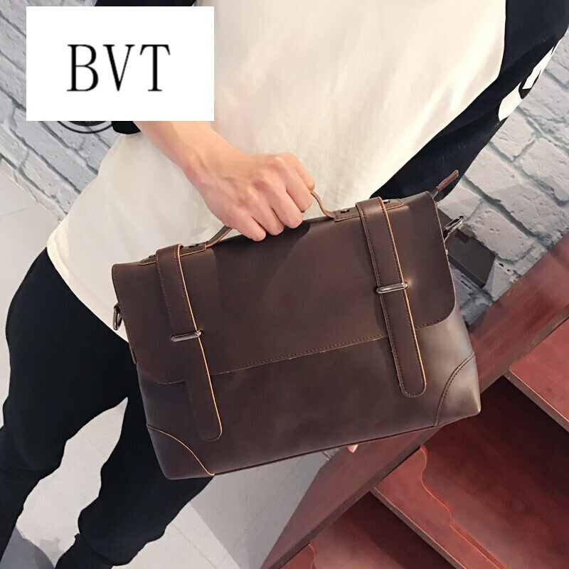 BVT手提包新款男士手提商务单肩包斜挎复古男包百搭撞色疯马皮潮咖啡色 默认颜色