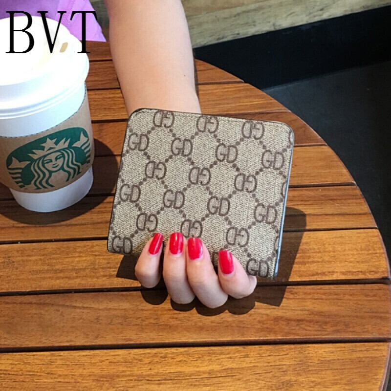 BVT新款欧美短款钱包女印花搭扣卡包两折多卡位小票夹卡 GD-啡