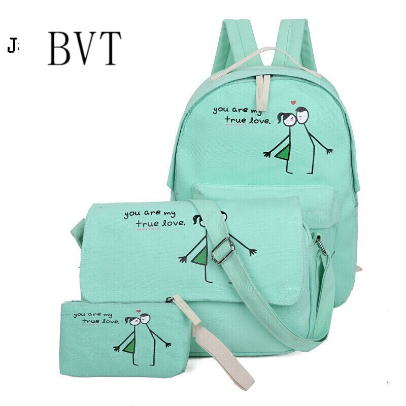 BVT中学生书包女小学生学院风小清新双肩背包休闲旅行背包三件套 绿