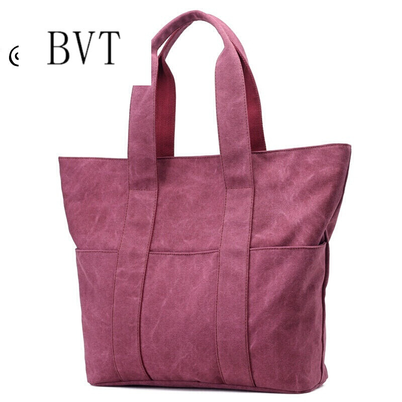 BVT女包新款帆布大包单肩包女横款大容量中青年女式手提包购物背包 紫咖