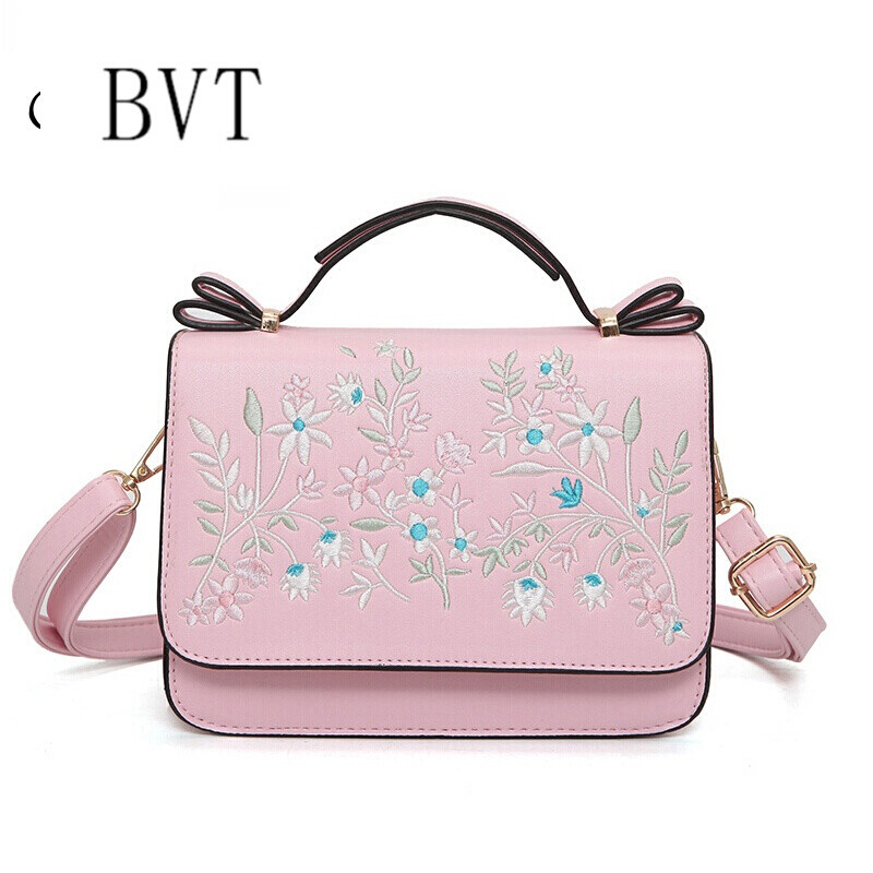 BVT韩版女包绣花单肩包女钉珠包水仙花朵手提包单肩斜挎包手拿宴会包 粉色