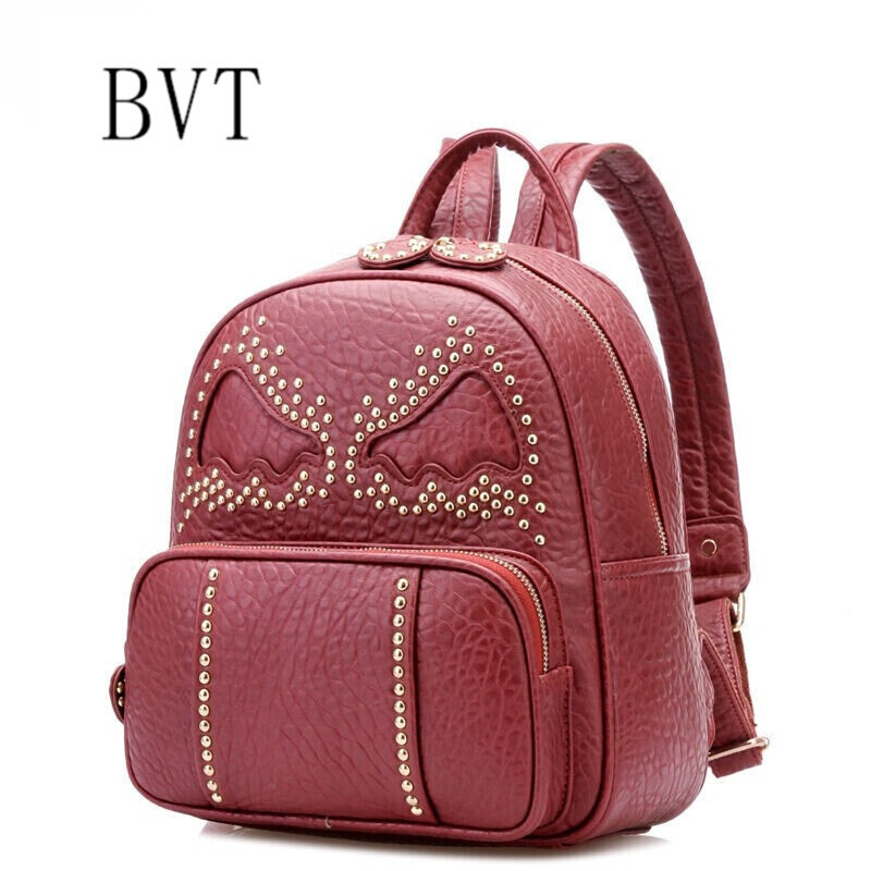 BVT女式双肩包小怪兽新款女包韩版潮时尚铆钉书包可爱背包 枣红色