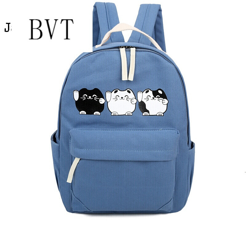 BVT新款手提小猫咪双肩包女韩版潮学生双肩书包休闲背包 浅蓝色
