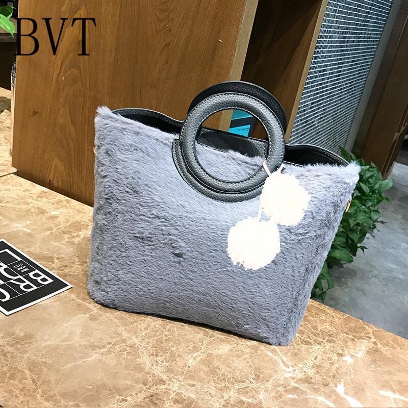 BVT少女毛绒圆环手提包简约女式毛毛包毛球挂饰单肩斜跨包_0 灰色