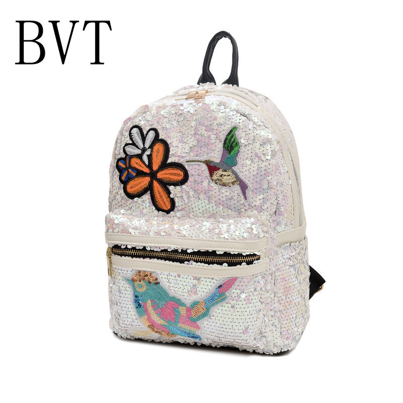 BVT双肩包女韩版潮百搭迷你书包欧美亮片包妈咪包个性旅行背包 白色