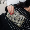 BVT大屏手机欧美绣花牡丹古典硬盒链条包晚装旗袍新娘包手拿包晚宴包 黑银