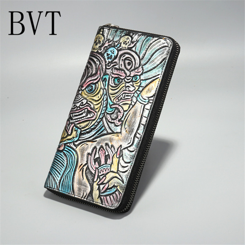 BVT中国风手工钱包男长款皮雕手抓包牛皮竖款钱夹彩绘拉链包黑色 默认颜色
