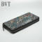 BVT中国风手工钱包男长款皮雕手抓包牛皮竖款钱夹彩绘拉链包黑色 默认颜色
