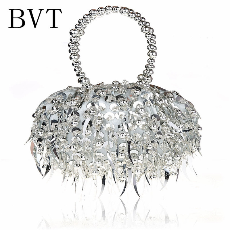 BVT新款女式手提包串珠亮片时尚潮流手腕包气质晚宴包 银色