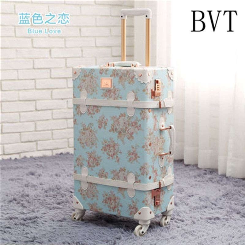 BVT复古旅行箱小清新女拉杆箱万向轮碎花行李箱登机箱20寸密码箱皮箱包 24寸 蓝色