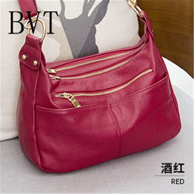 BVT真皮女包单肩包斜跨包头层牛皮女士包包人妈妈包中老年款斜挎包 酒红