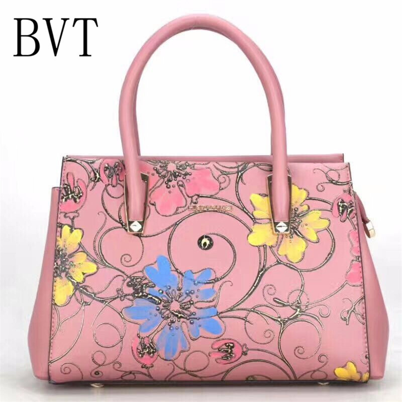 BVT中年手提妈妈包牛皮女包复古时尚彩绘铂金包包女民族风单肩斜跨包 粉色