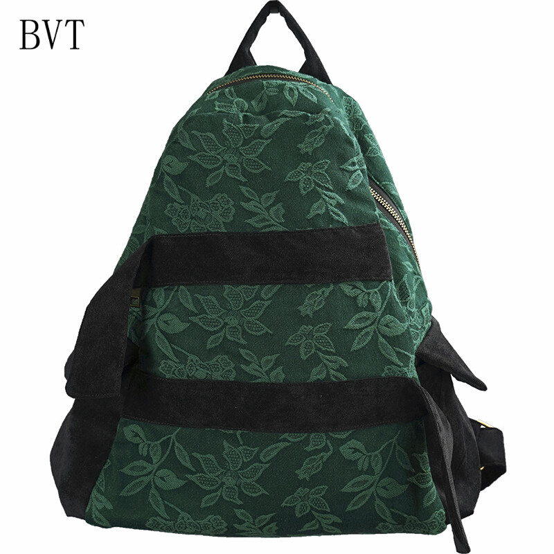 BVT原创文艺复古双肩包立体提花棉麻拼接布包简约手提背包女拼接色 默认颜色