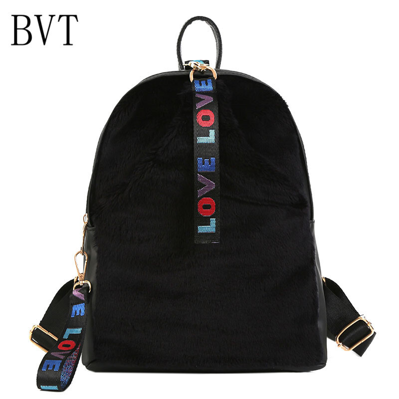 BVT冬季新款时尚毛毛双肩包女可爱毛绒暖手背包韩版百搭休闲背包 纯色黑色