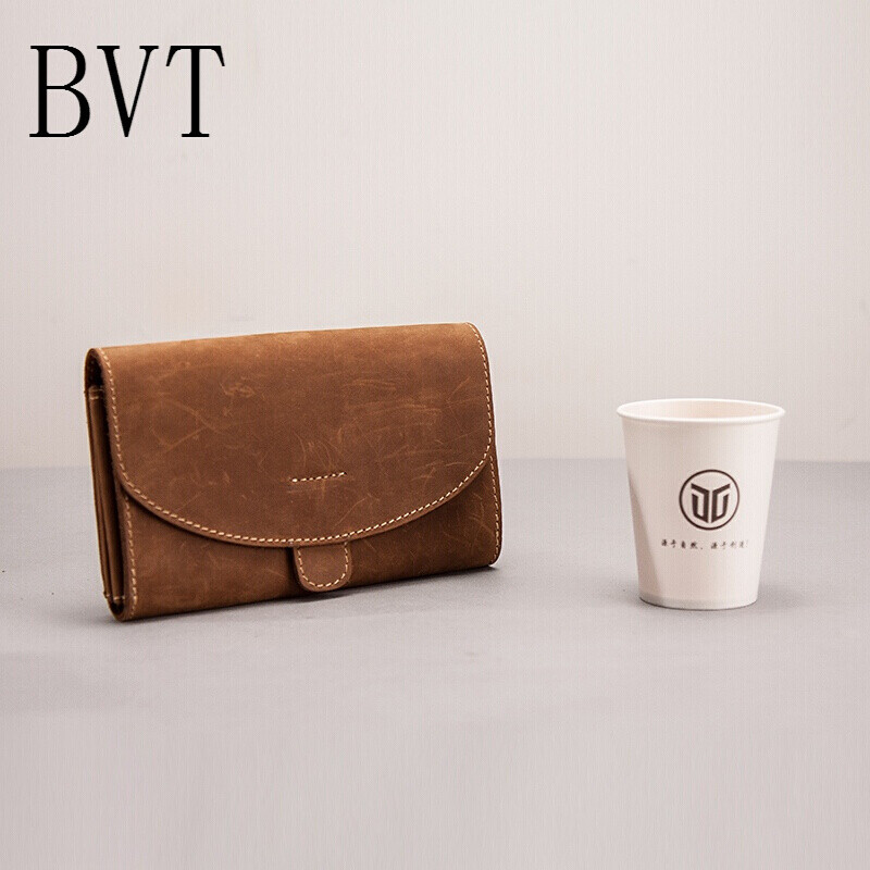 BVT男士复古时尚牛皮横款2折车缝线纯色包盖式长款钱包棕黄色 默认颜色