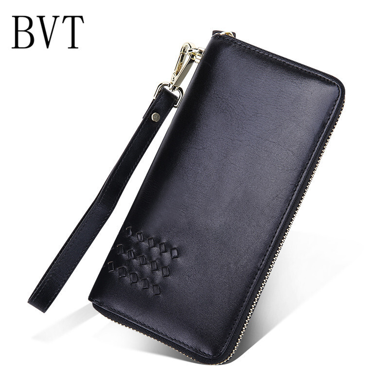 BVT真皮商务男士钱包长款拉链多功能手包牛皮卡夹子男式手机包 黑色