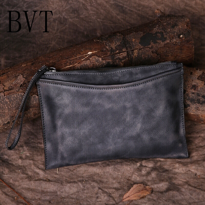 BVT女士复古风牛皮撞色拉链信封形休闲迷你手拿包 灰色
