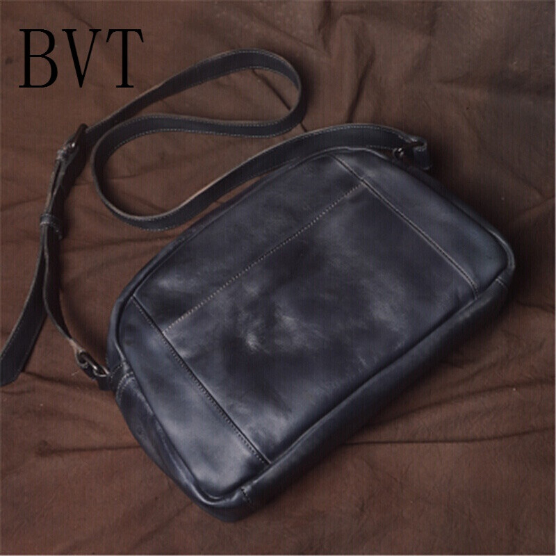 BVT手工牛皮男士复古斜挎包牛皮男包复古休闲包差包单肩包背包潮 月灰蓝