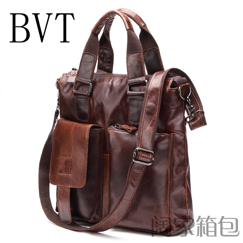 BVT复古真皮男包单肩包男士商务斜挎手提包做旧油蜡牛皮公文包 油皮咖色