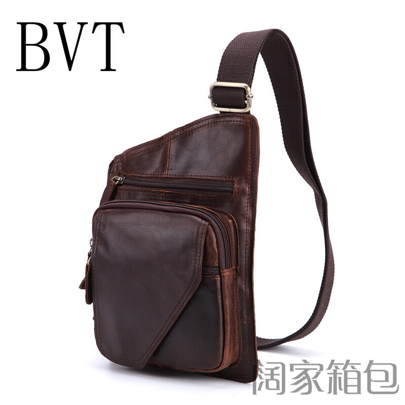 BVT真皮胸包欧美单肩包男士斜挎包复古疯马牛皮男包前背包休闲包 深咖色
