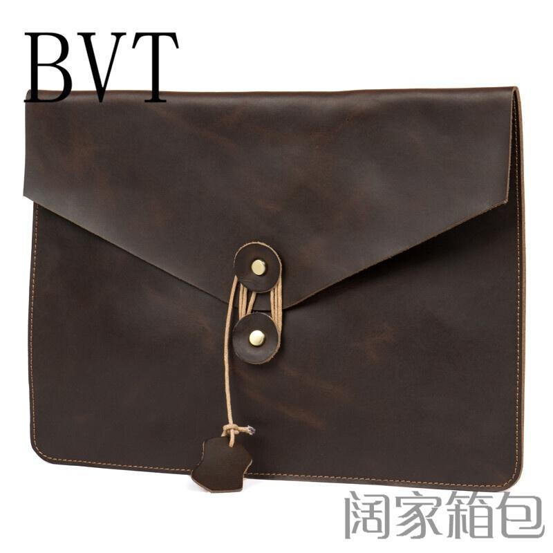 BVT疯马皮手拿包手工男士真皮信封袋欧美做旧软牛皮复古文件包袋暗棕色_9 默认颜色