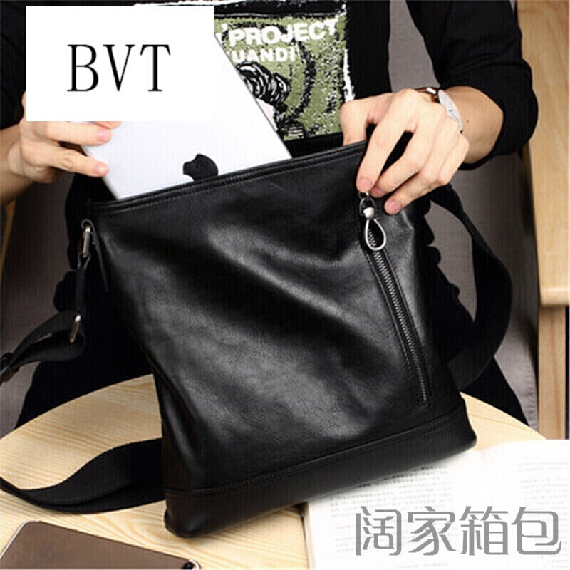 BVT单肩包头层牛皮男士挎包软皮休闲斜挎包韩版潮时尚竖款男包黑色_1 默认颜色