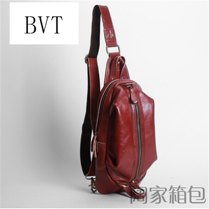 BVT男士复古单肩斜挎包男包牛皮胸包疯马皮单反相机相机背包_1 酒红色疯马皮