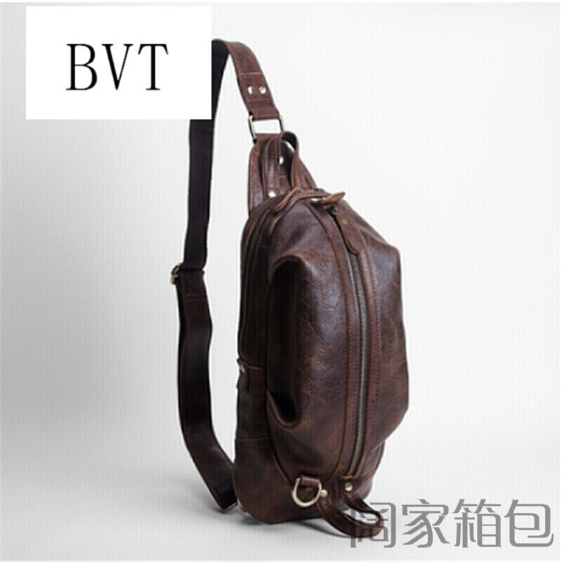 BVT男士复古单肩斜挎包男包牛皮胸包疯马皮单反相机相机背包_1 棕色疯马皮