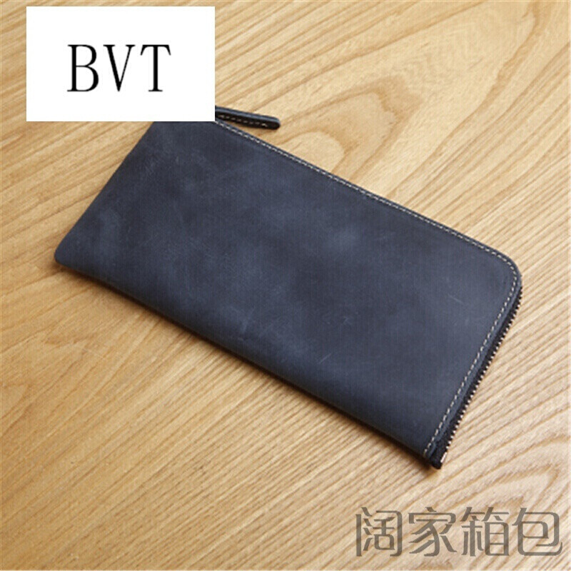 BVT原创手工真皮钱包男士长款拉链日韩复古疯马皮牛皮女式皮夹子_1 蓝色