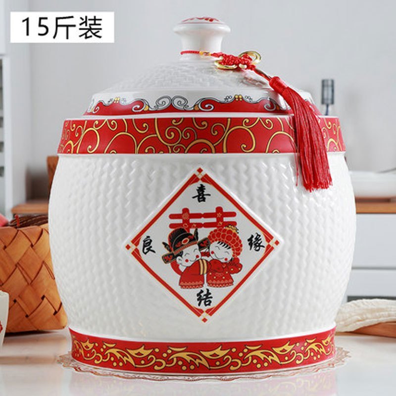 陶瓷米缸米桶储米箱家用5斤10kg20斤装带盖面粉密封储物罐多色多款生活日用家庭清洁生活日_2_5 15斤新喜结良缘