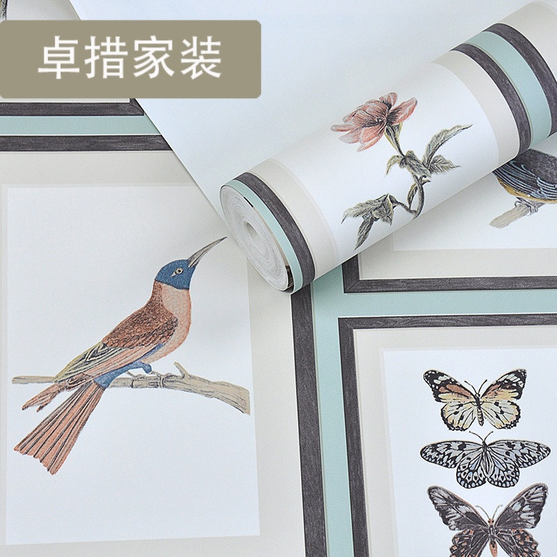 中国风现代中式立体古典仿花鸟图墙纸仿画框个性壁纸茶楼客厅背景 1301