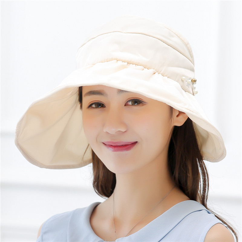 帽子女遮阳帽夏天户外出游防紫外线大沿沙滩太阳帽防晒可折叠凉帽 米色