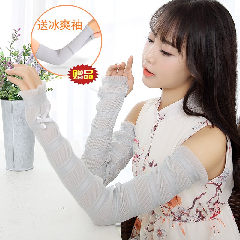 夏季防晒手套冰丝女夏薄长款防紫外线开车防晒袖套手臂套袖子手套 A款-灰色