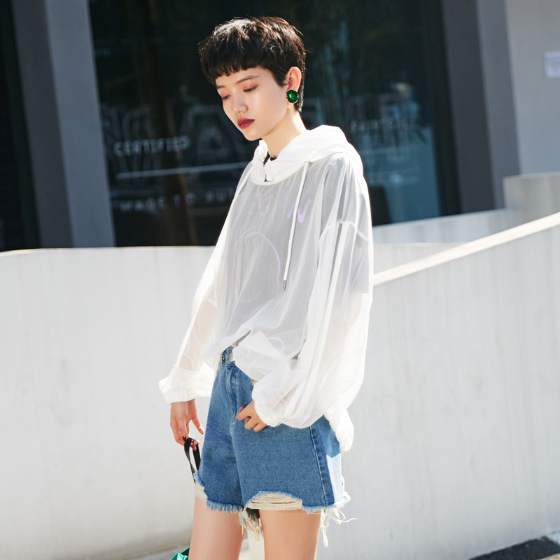 森宿Y文艺oversize上衣夏装2018新款网纱拼接宽松显瘦防晒服女M M 白色空间