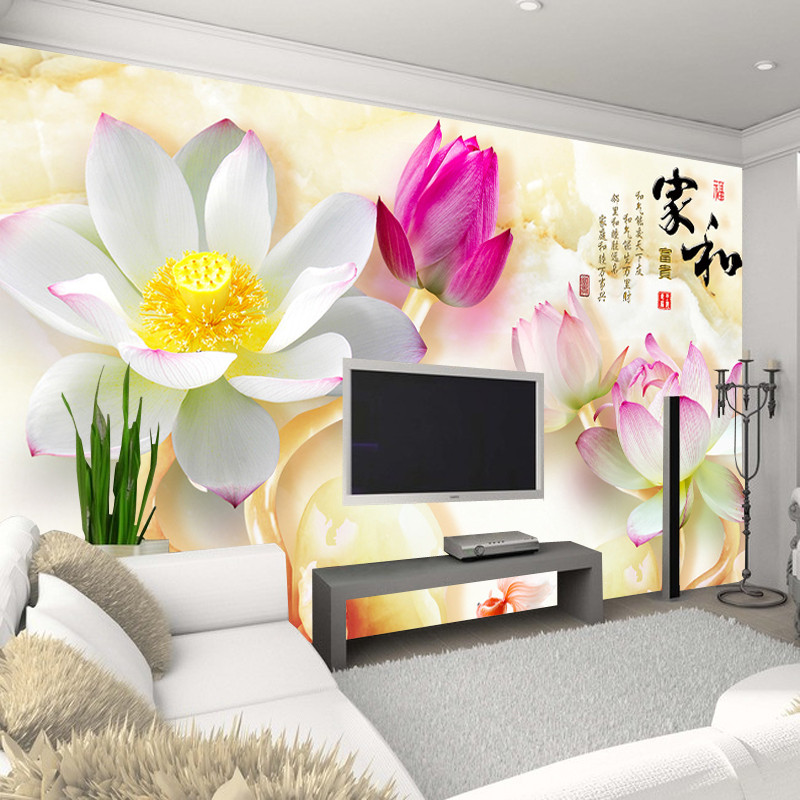 无缝中式定制壁画卧室电视背景墙纸壁纸3D简约家和玉雕荷花5d墙布 无缝真丝布（整张/平方）