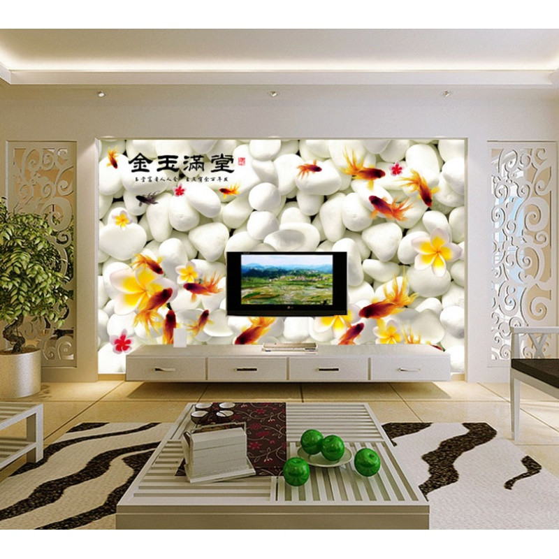 中式3d金鱼电视背景墙纸壁纸客厅卧室沙大型壁画无纺布金玉满堂 无缝真丝布（整张/平方）