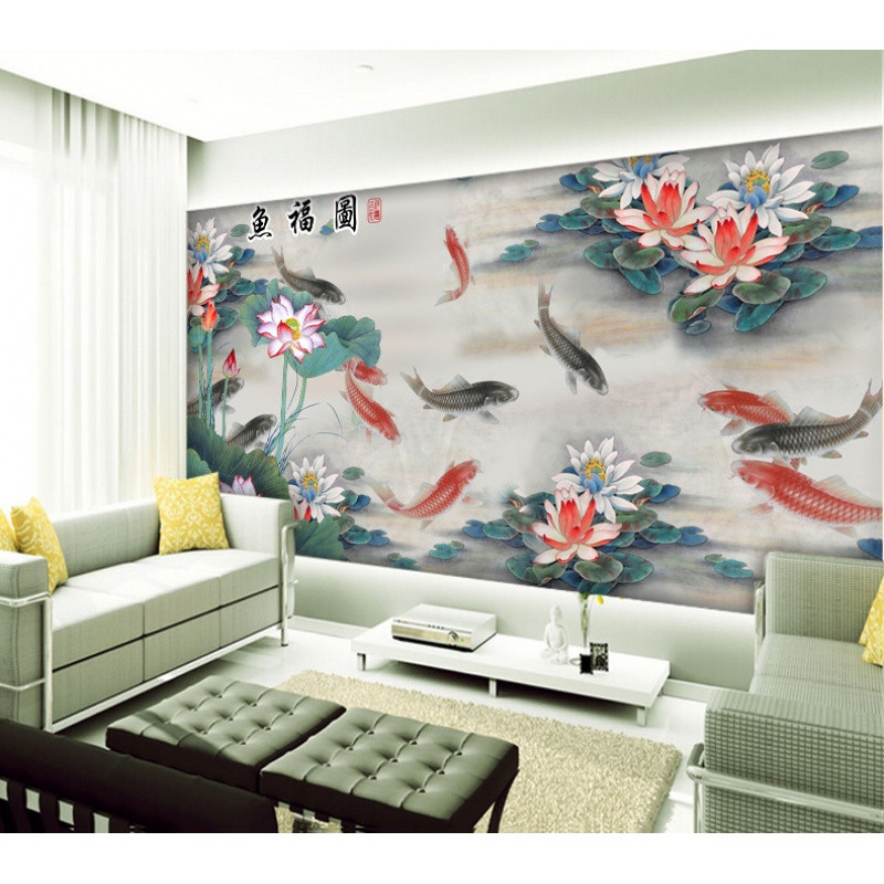 无缝电视背景墙壁纸3d大型壁画客厅无纺布墙纸田园定制防水九鱼图 无缝宣绒布（整张/平方）