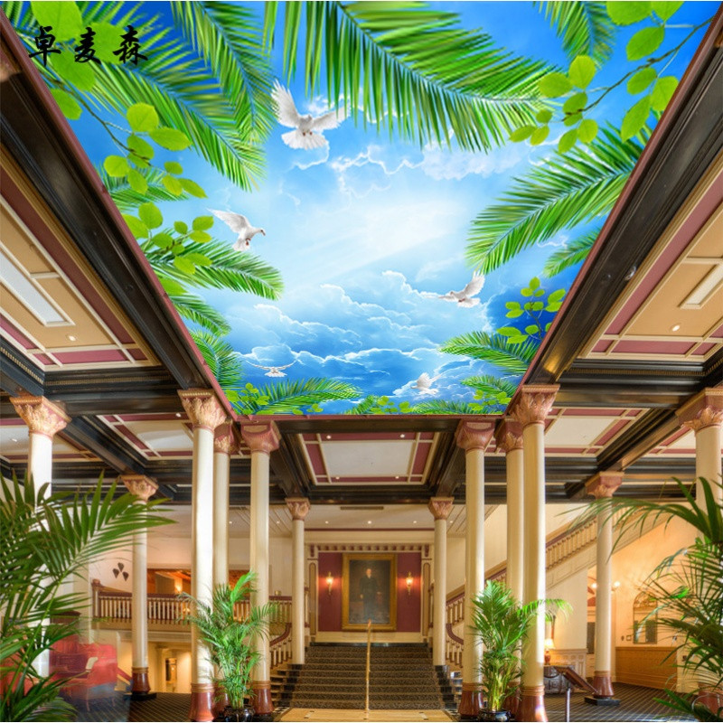 3D立体墙纸壁画KTV酒店大型壁纸墙纸墙画吊顶天花板蓝天白云天空 无缝真丝布（整张/平方）