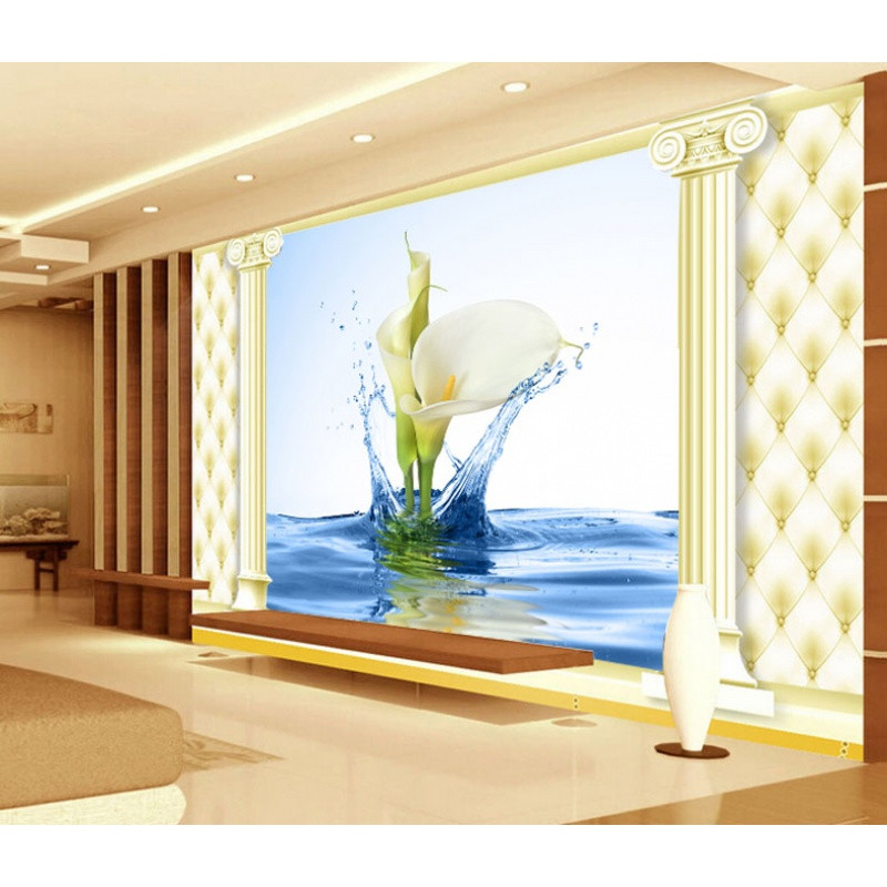 欧式定制壁画3D立体壁纸酒店客厅背景墙清爽墙纸水中百合花墙布 无缝宣绒布