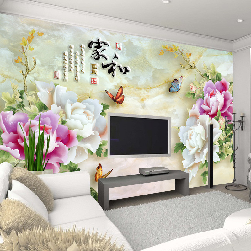 无缝3d立体中式牡丹玉雕荷花墙纸壁画卧室客厅电视背景墙壁纸防水 水晶凹凸壁画布