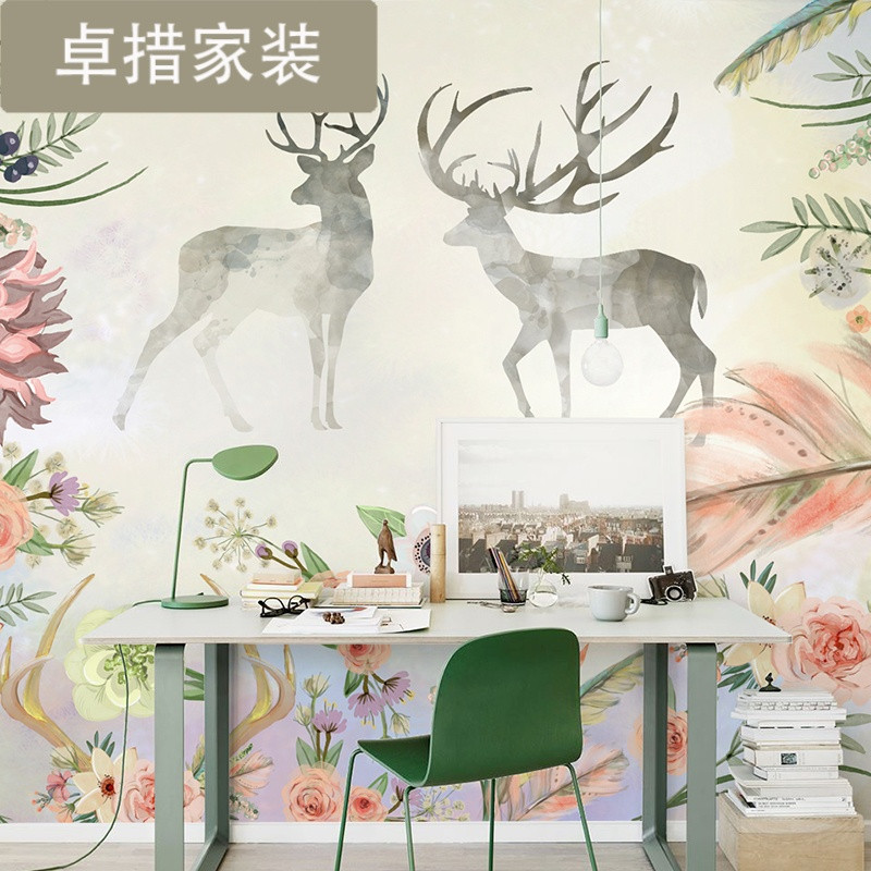 欧式手绘复古麋鹿背景墙壁画3D简约客厅沙墙布卧室无缝墙纸壁画 进口浮雕纹（拼接）